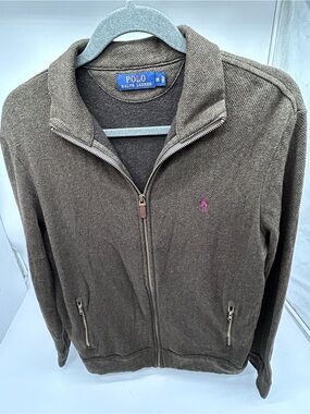 Polo by Ralph Lauren Brown Zip-Up Sweater with Pink Pony Medium